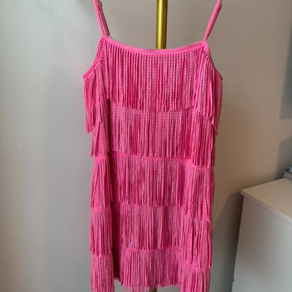 TCEC Hot Pink Fringe Rhinestone Mini Dress Size M - Picture 1 of 4